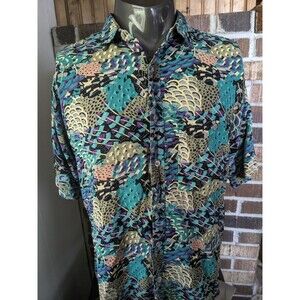 Vtg Shah Safari Button Shirt Sz XL All Over Abstract Funky  90's Resort Wear Y2K